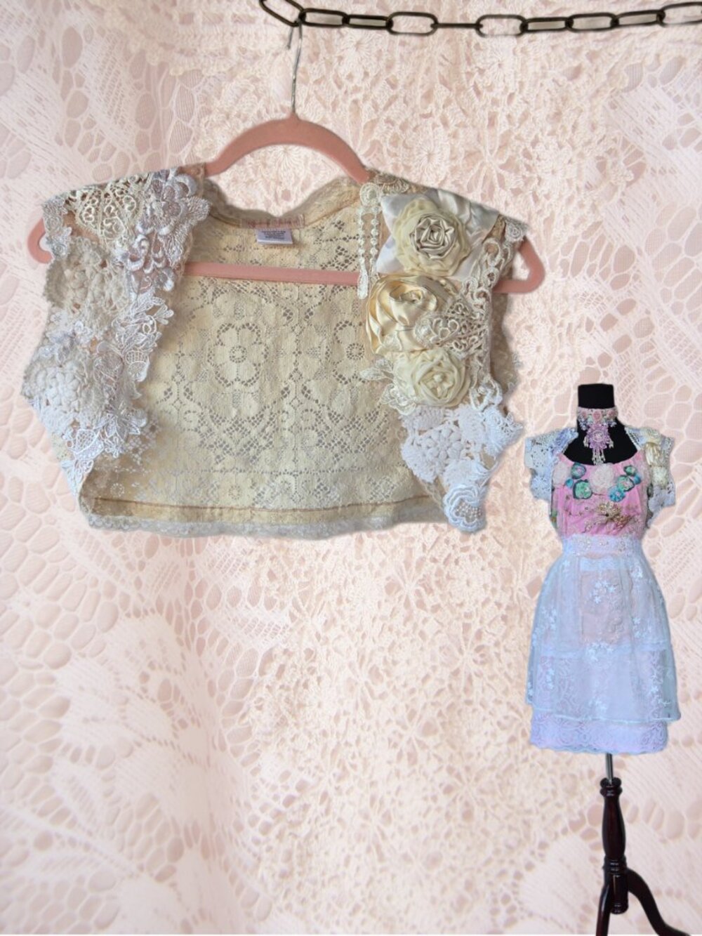 Handmade Cream Lace and Embroidered Rose Bolero Shrug Vintage Style  Wedding
